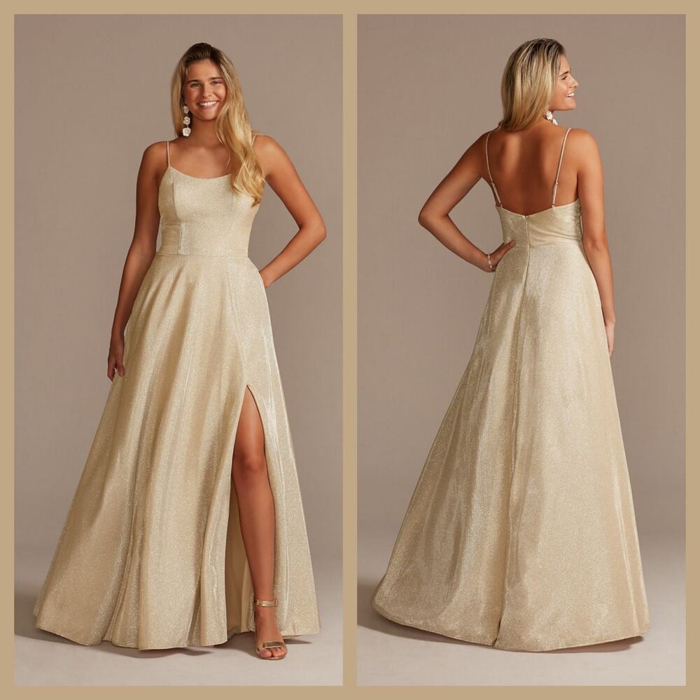 Jules and Cleo Gold Spaghetti Strap Glitter Shine Gown with Slit